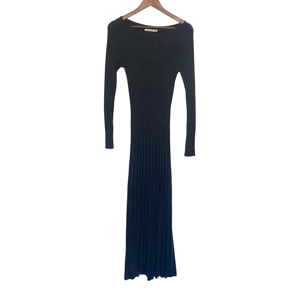 Abercrombie & Fitch Ribbed Long Sleeve Maxi Dress XS Black Side Slit Wool Blend